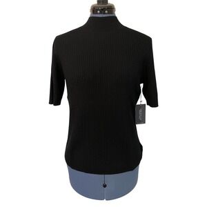 Halston Black 100% Merino Wool Ribbed Mock Neck Short Sleeve Top Minimalist M